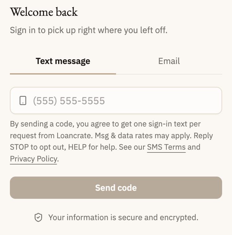Portal sign-in screen with the Text message tab selected, a mobile number field, the SMS consent text with links to the SMS Terms and Privacy Policy, and a Send code button.